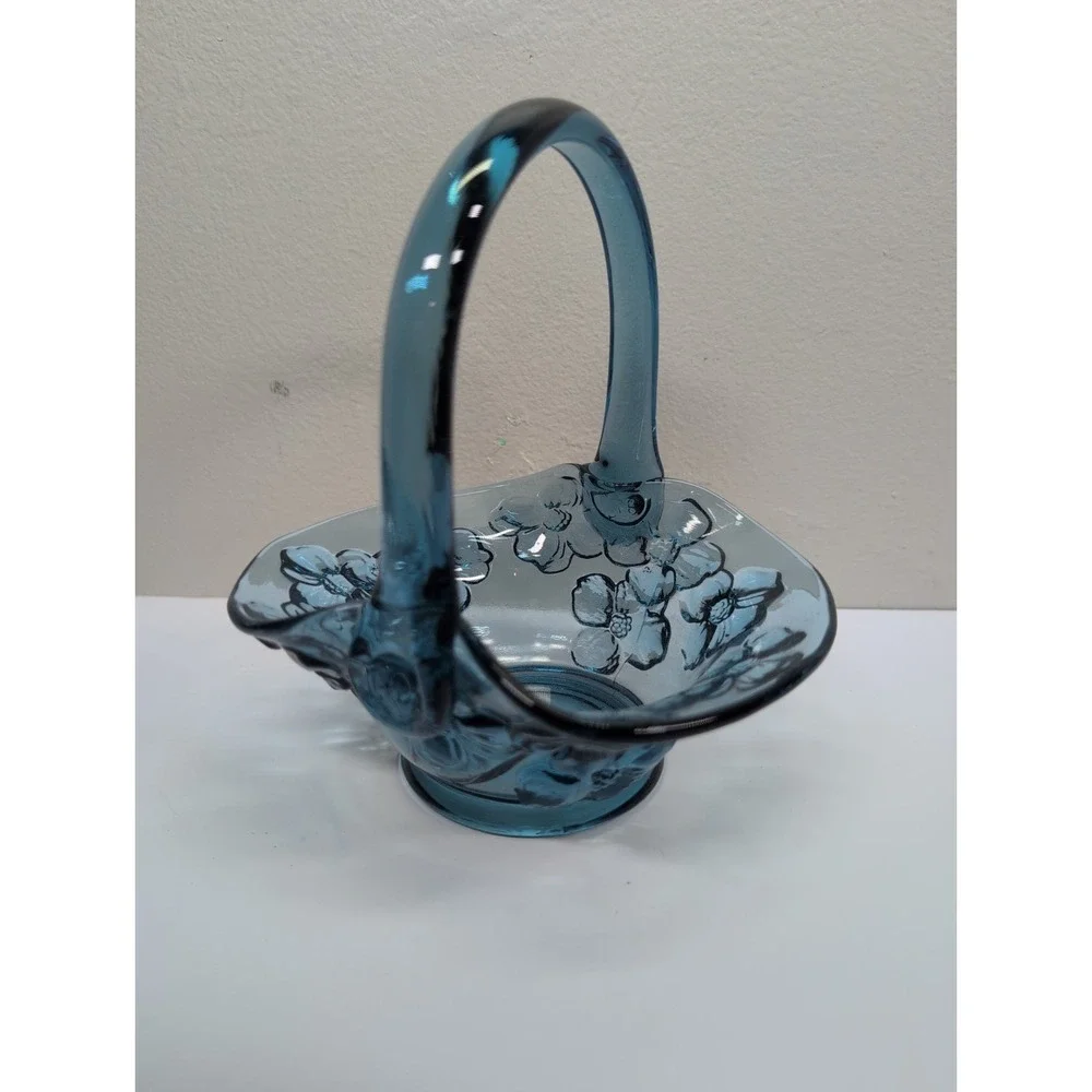 Tiara Indiana Glass Basket Blue Dogwood Embossed Flowers 6.5